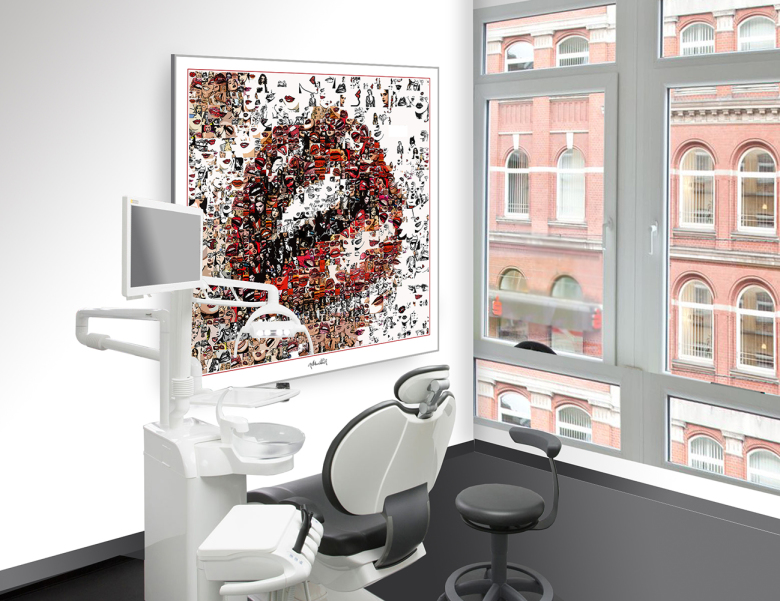 Möbeldesign, Inneneinrichtung, Zahnarztpraxis, Kunst, Wartezimmer, Rezeption, Wandbilder, rote Lippen, Kunstgrafik, moderne Gestaltung